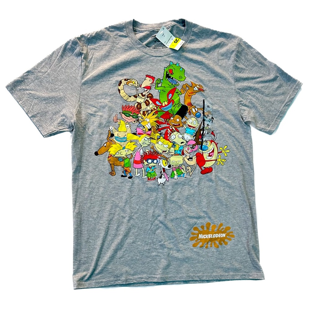 Nicktoons Nickelodeon Mens Grey XL T-Shirt Giant 90s Style Character Pile Image
